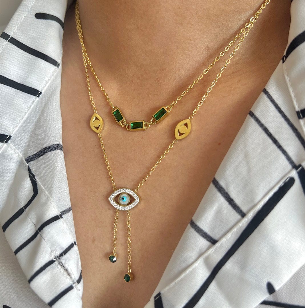 Evil Drop Green Studs Anti Tarnish Necklace