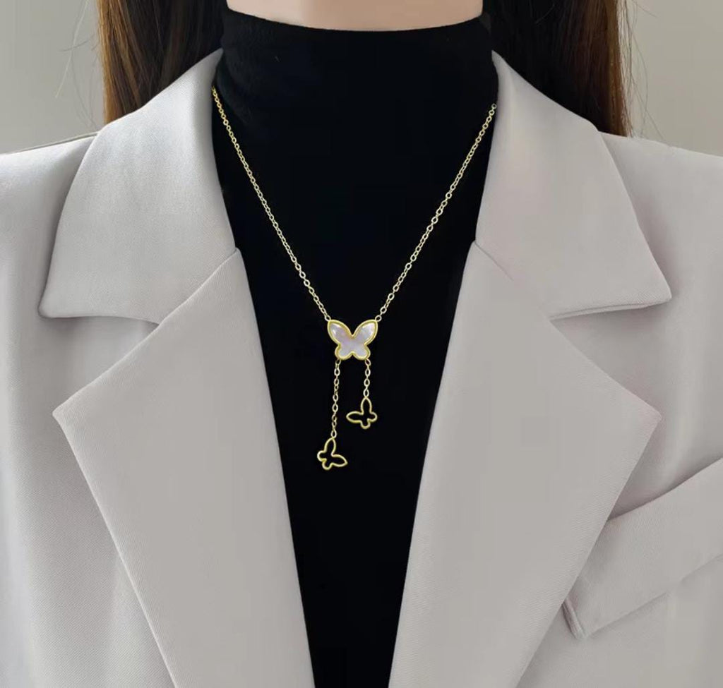 Elegant Two Butterfly Drop Anti Tarnish Necklace
