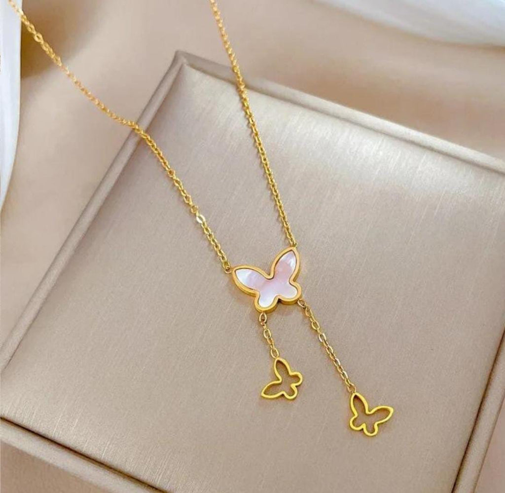 Elegant Two Butterfly Drop Anti Tarnish Necklace