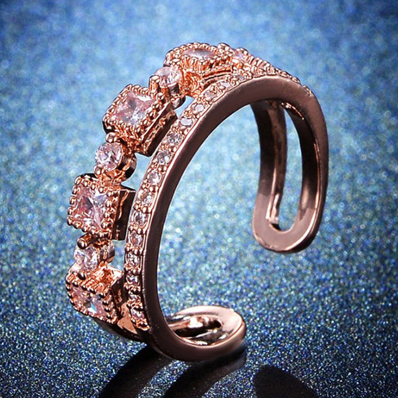 Checkered Adjustable Rose Gold Plated American Diamond Ring