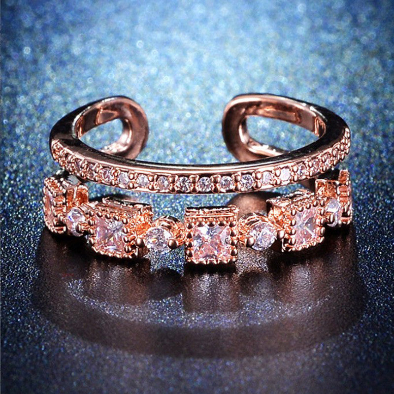 Checkered Adjustable Rose Gold Plated American Diamond Ring