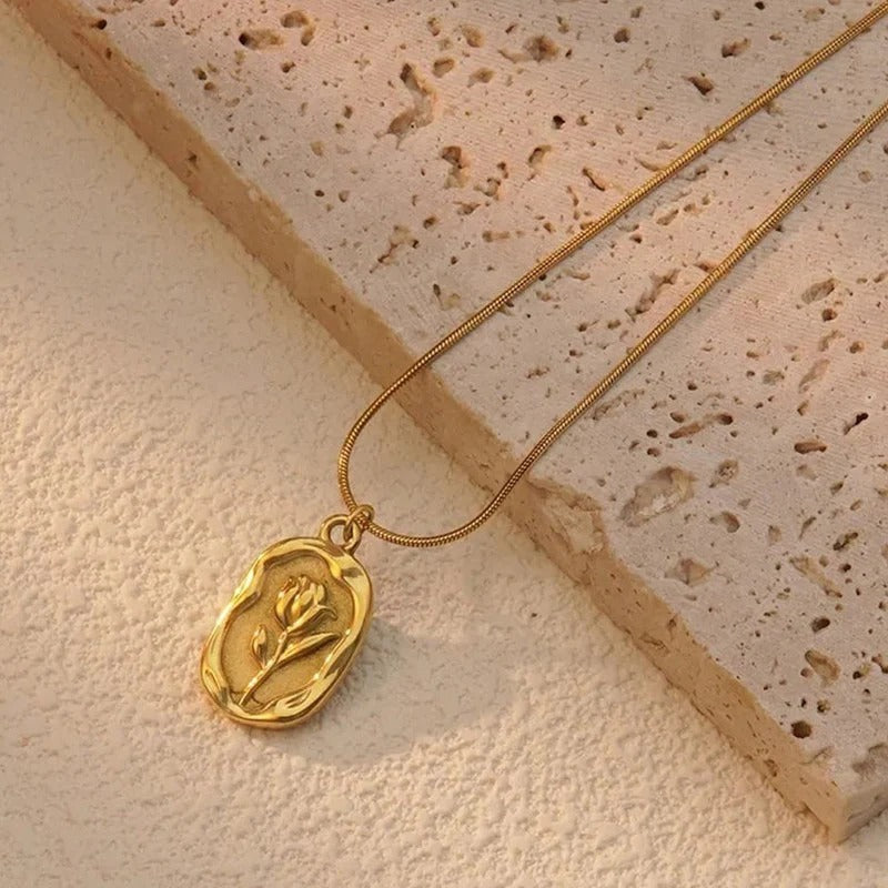 Rose Engraved Anti Tarnish Necklace