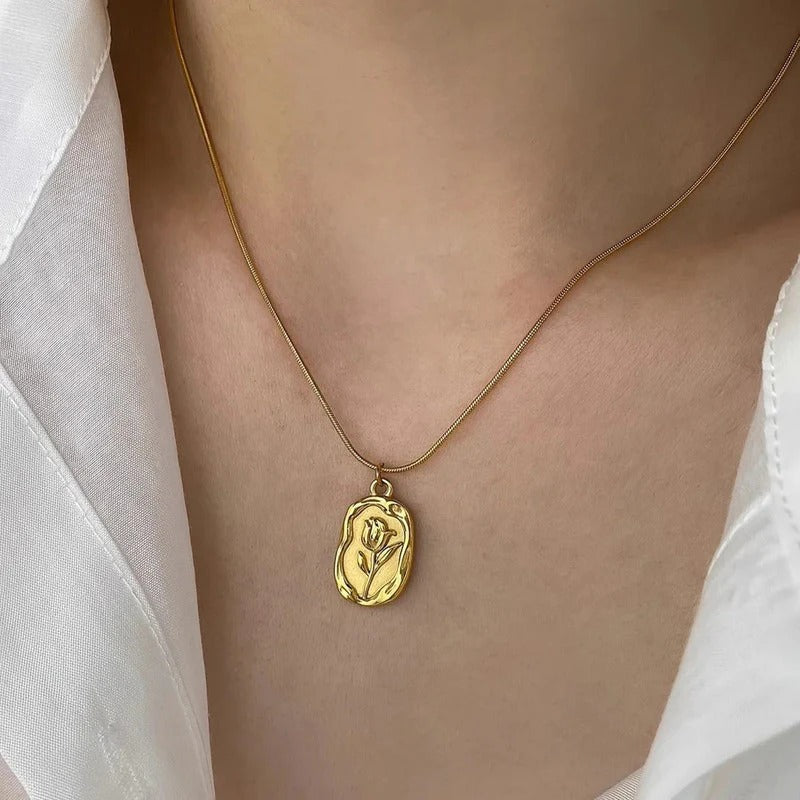 Rose Engraved Anti Tarnish Necklace